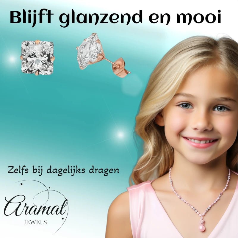 Oorbellen &acirc;&euro;&ldquo; RVS Ros&Atilde;&copy;goudkleur met Vierkante Zirkonia (3mm) -