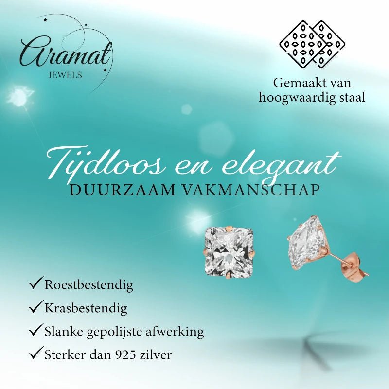 Oorbellen &acirc;&euro;&ldquo; RVS Ros&Atilde;&copy;goudkleur met Vierkante Zirkonia (3mm) -