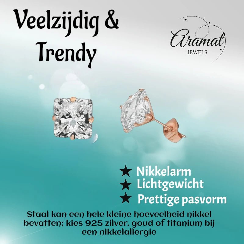 Oorbellen &acirc;&euro;&ldquo; RVS Ros&Atilde;&copy;goudkleur met Vierkante Zirkonia (3mm) -