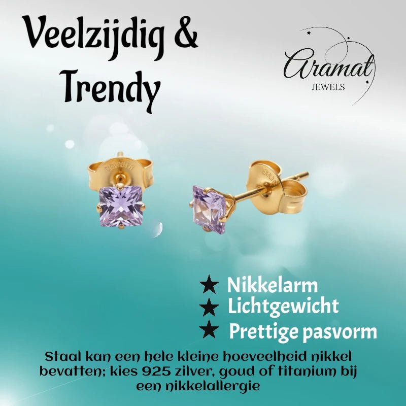 Oorbellen &acirc;&euro;&ldquo; RVS Goudkleur met Lila Vierkante Zirkonia (5mm) -