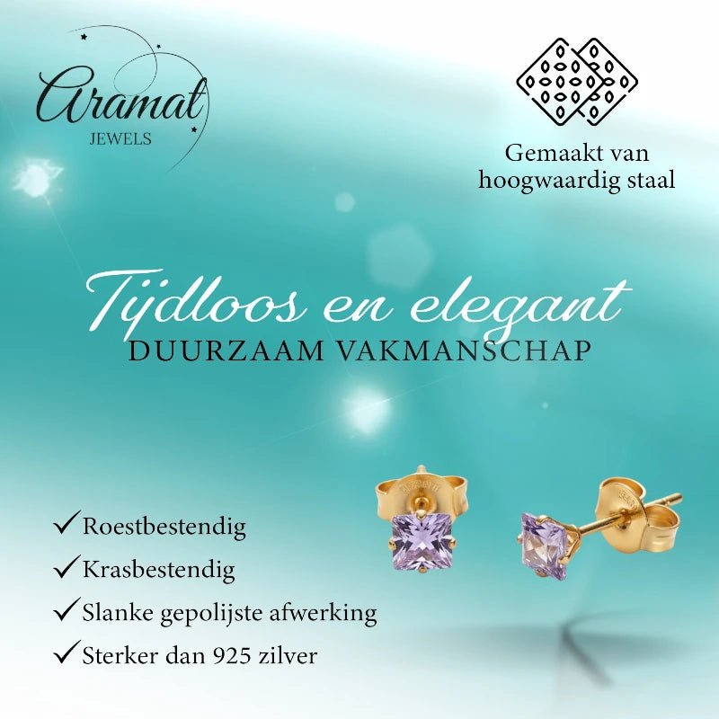 Oorbellen &acirc;&euro;&ldquo; RVS Goudkleur met Lila Vierkante Zirkonia (5mm) -