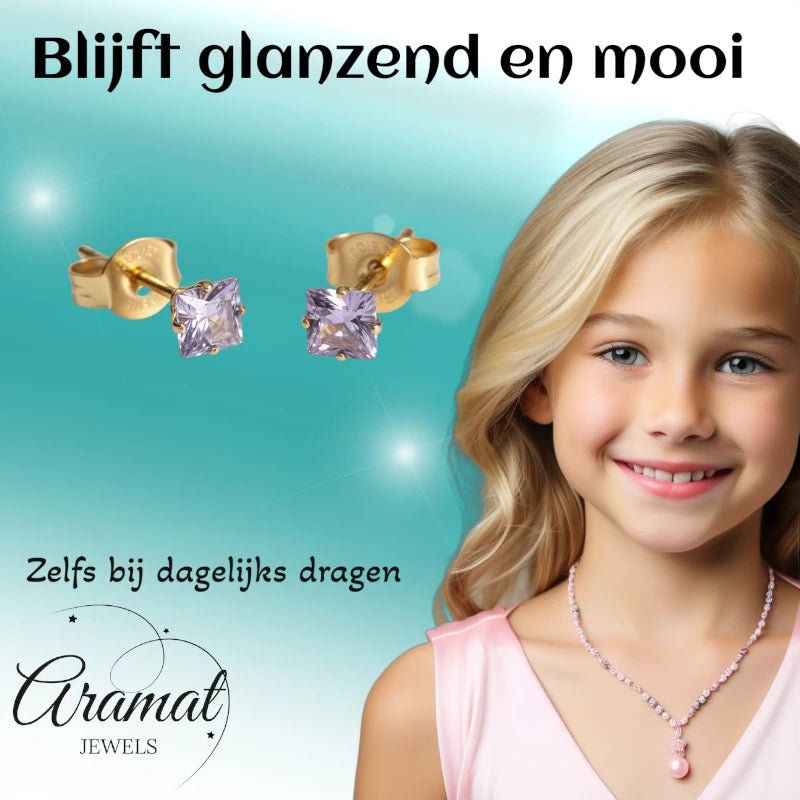Oorbellen &acirc;&euro;&ldquo; RVS Goudkleur met Lila Vierkante Zirkonia (4mm) -