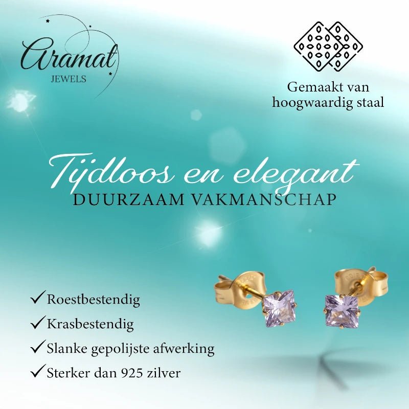 Oorbellen &acirc;&euro;&ldquo; RVS Goudkleur met Lila Vierkante Zirkonia (4mm) -