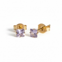 Oorbellen &acirc;&euro;&ldquo; RVS Goudkleur met Lila Vierkante Zirkonia (4mm) -