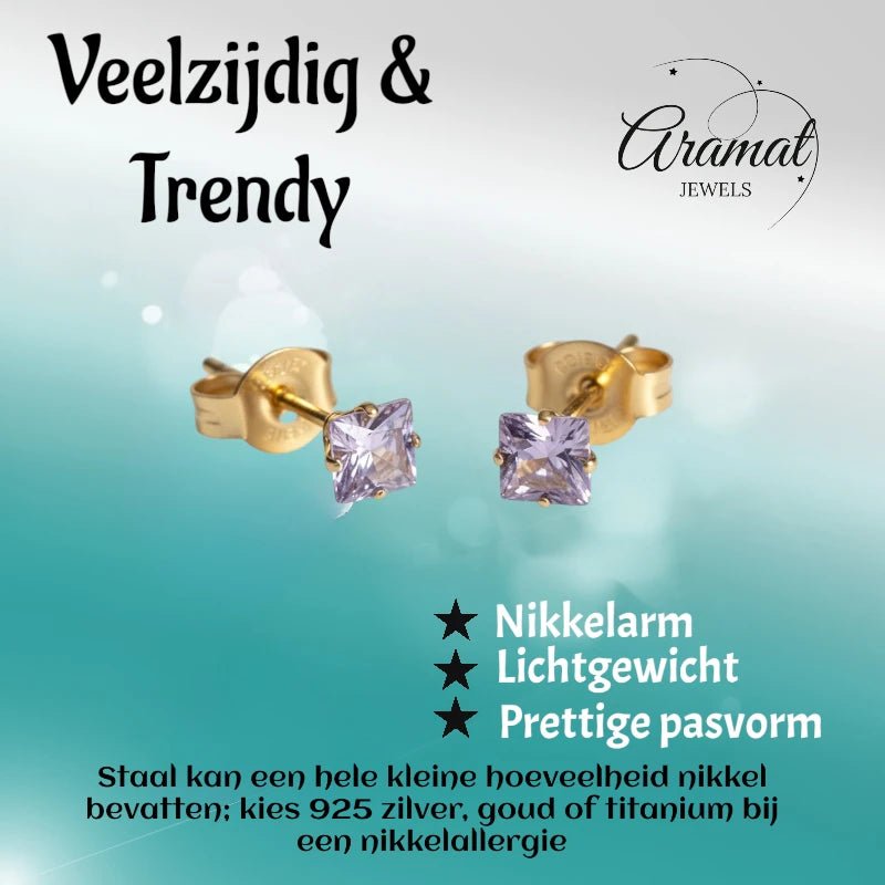 Oorbellen &acirc;&euro;&ldquo; RVS Goudkleur met Lila Vierkante Zirkonia (4mm) -
