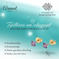 Oorbellen &acirc;&euro;&ldquo; RVS Goudkleur met Paarse Vierkante Zirkonia (4mm) -