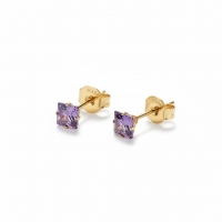Oorbellen &acirc;&euro;&ldquo; RVS Goudkleur met Paarse Vierkante Zirkonia (4mm) -