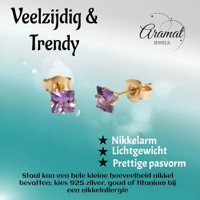 Oorbellen &acirc;&euro;&ldquo; RVS Goudkleur met Paarse Vierkante Zirkonia (5mm) -