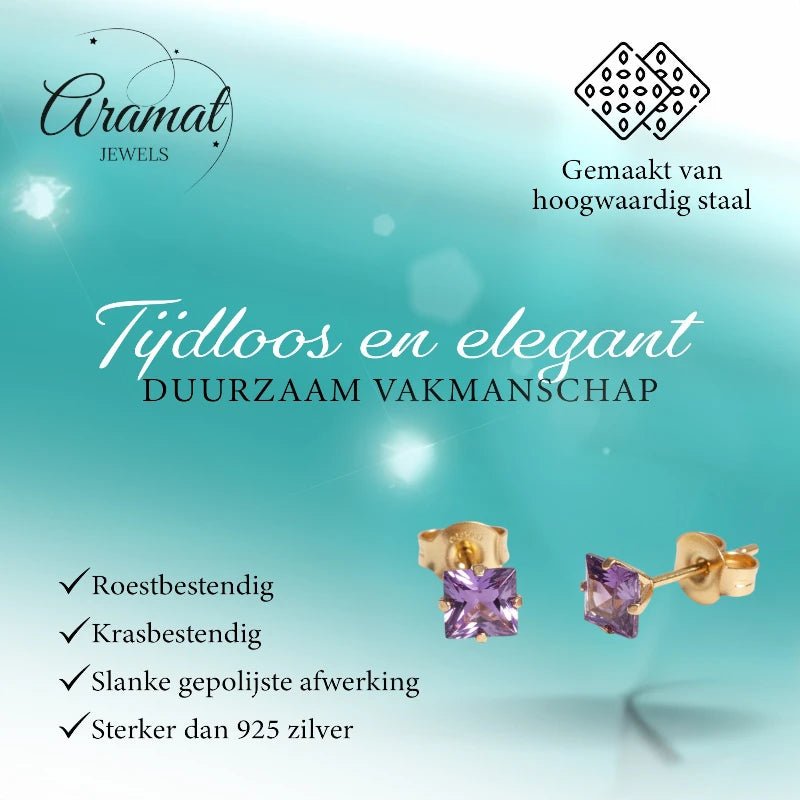 Oorbellen &acirc;&euro;&ldquo; RVS Goudkleur met Paarse Vierkante Zirkonia (5mm) -