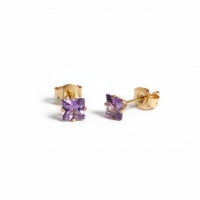 Oorbellen &acirc;&euro;&ldquo; RVS Goudkleur met Paarse Vierkante Zirkonia (5mm) -