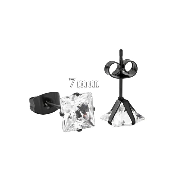 Oorbellen &acirc;&euro;&ldquo; RVS Zwartkleur met Vierkante Zirkonia (7mm) -
