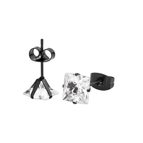 Oorbellen &acirc;&euro;&ldquo; RVS Zwartkleur met Vierkante Zirkonia (7mm) -