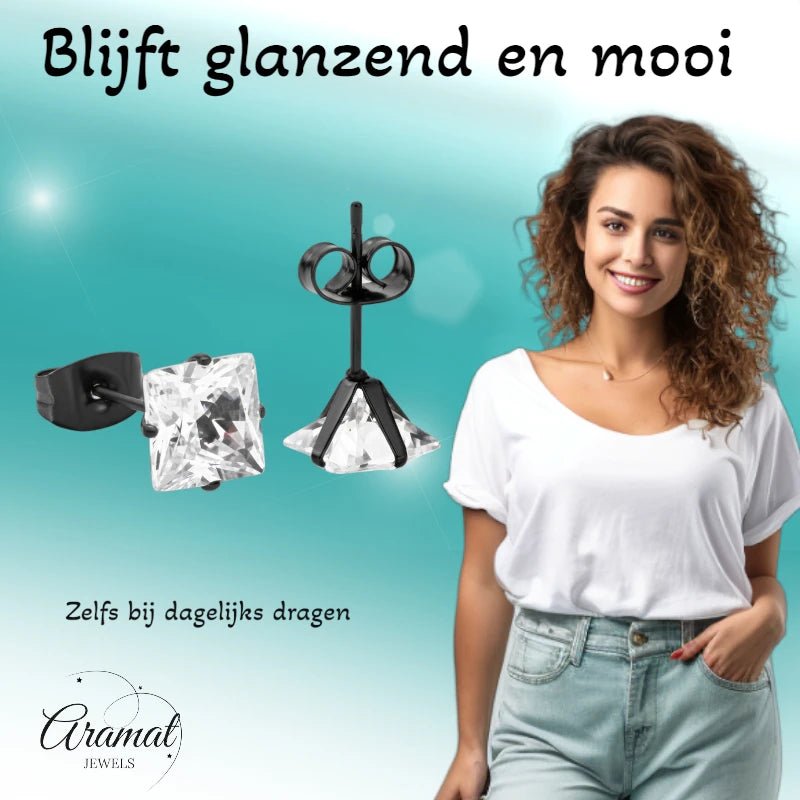 Oorbellen &acirc;&euro;&ldquo; RVS Zwartkleur met Vierkante Zirkonia (7mm) -