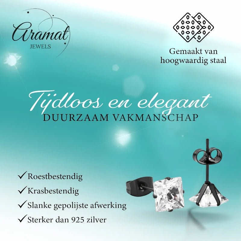 Oorbellen &acirc;&euro;&ldquo; RVS Zwartkleur met Vierkante Zirkonia (7mm) -