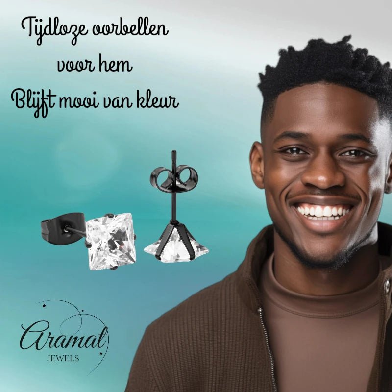Oorbellen &acirc;&euro;&ldquo; RVS Zwartkleur met Vierkante Zirkonia (7mm) -