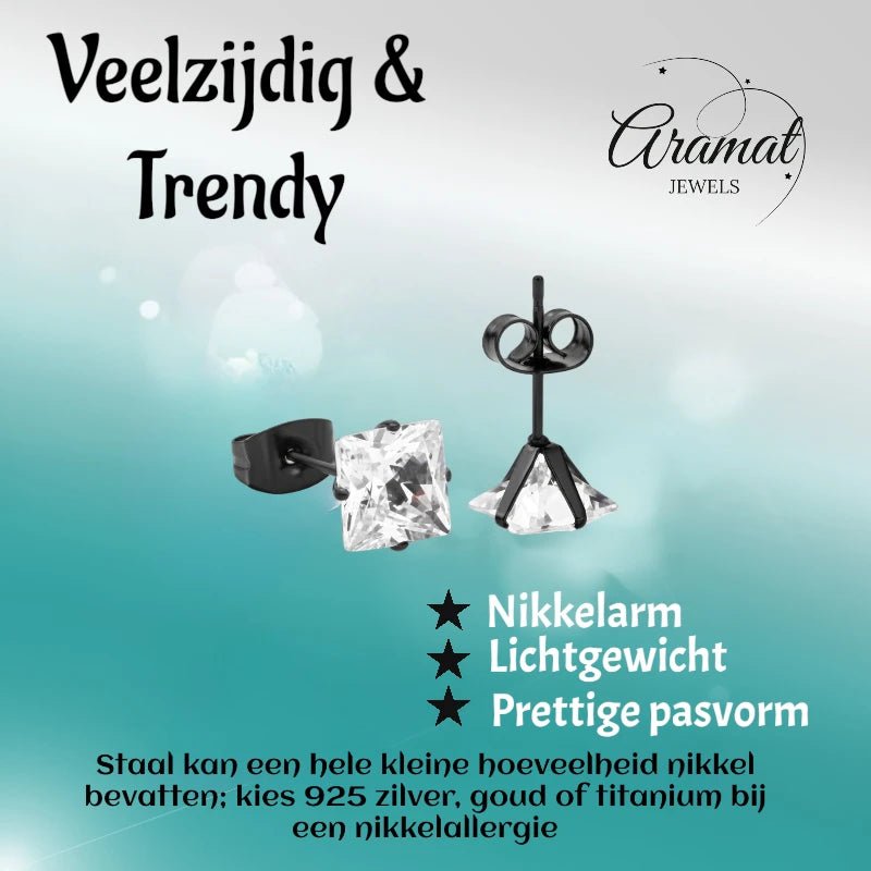 Oorbellen &acirc;&euro;&ldquo; RVS Zwartkleur met Vierkante Zirkonia (7mm) -