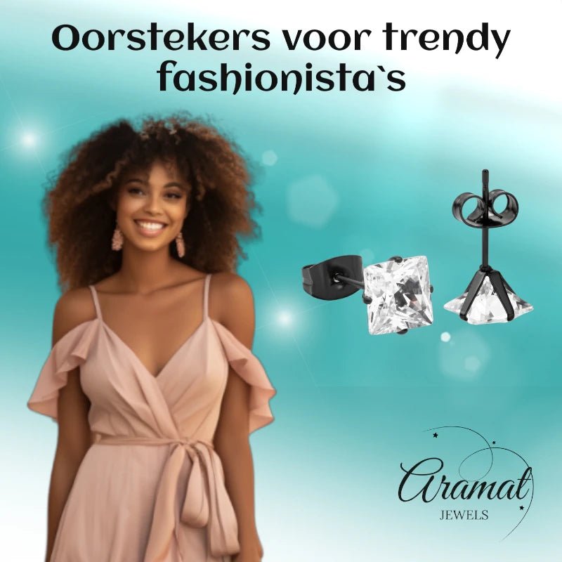 Oorbellen &acirc;&euro;&ldquo; RVS Zwartkleur met Vierkante Zirkonia (7mm) -