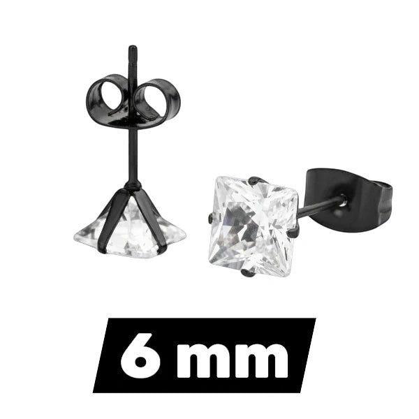 Oorbellen &acirc;&euro;&ldquo; RVS Zwartkleur met Vierkante Zirkonia (6mm) -