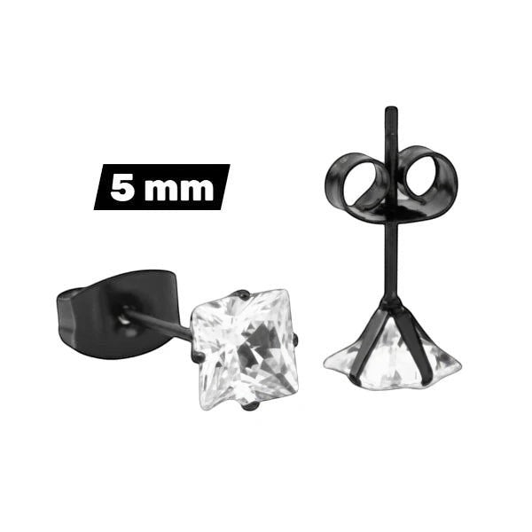 Oorbellen &acirc;&euro;&ldquo; RVS Zwartkleur met Vierkante Zirkonia (5mm) -