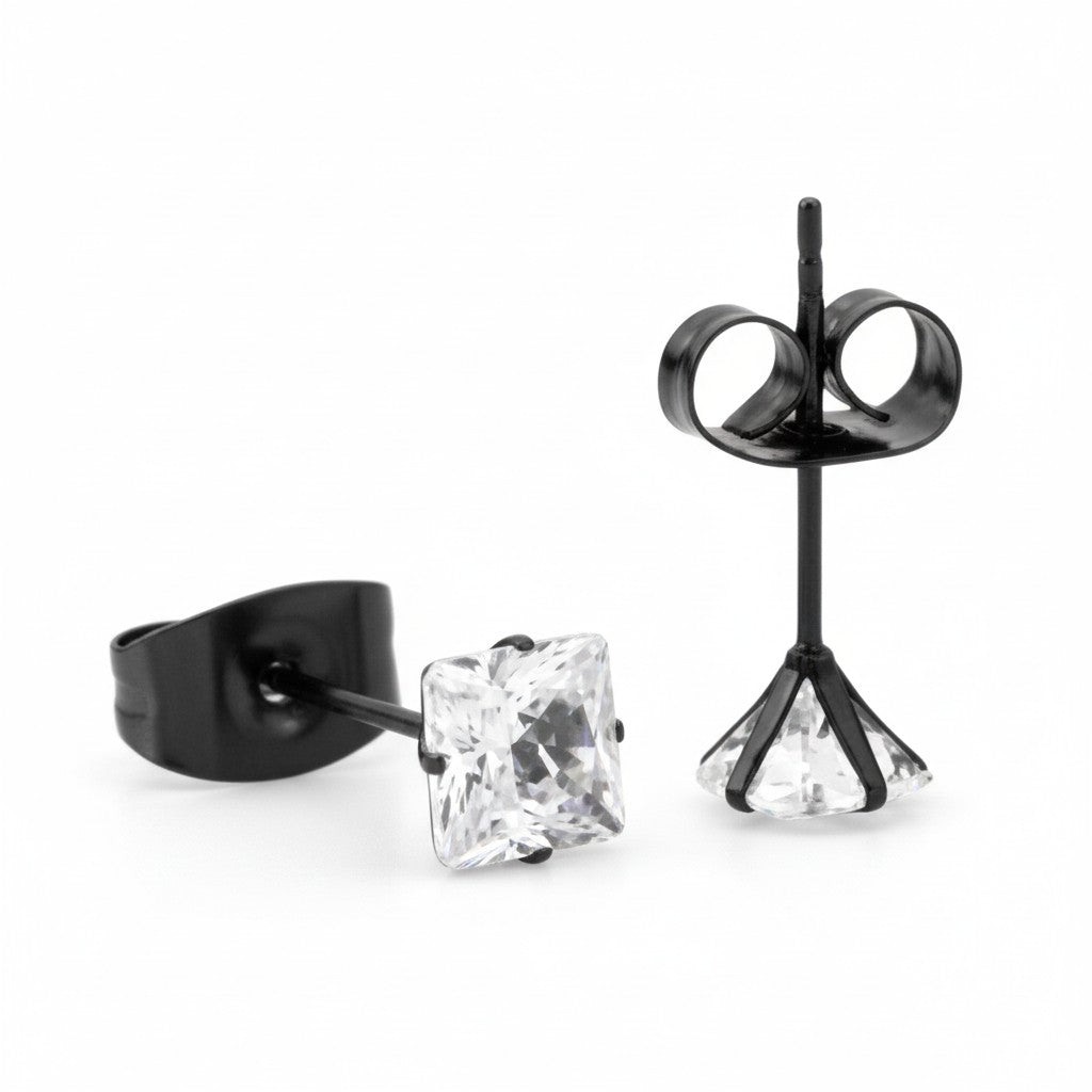 Oorbellen &acirc;&euro;&ldquo; RVS Zwartkleur met Vierkante Zirkonia (4mm) -