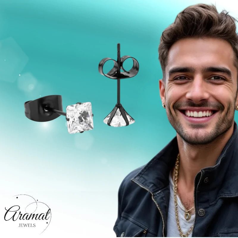 Oorbellen &acirc;&euro;&ldquo; RVS Zwartkleur met Vierkante Zirkonia (4mm) -