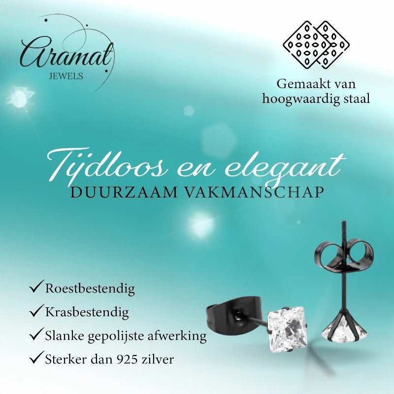 Oorbellen &acirc;&euro;&ldquo; RVS Zwartkleur met Vierkante Zirkonia (4mm) -