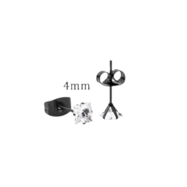 Oorbellen &acirc;&euro;&ldquo; RVS Zwartkleur met Vierkante Zirkonia (4mm) -