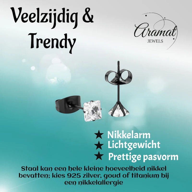 Oorbellen &acirc;&euro;&ldquo; RVS Zwartkleur met Vierkante Zirkonia (4mm) -