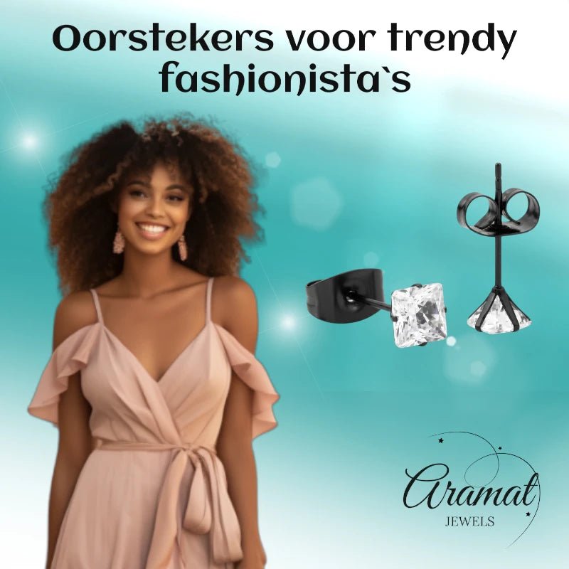 Oorbellen &acirc;&euro;&ldquo; RVS Zwartkleur met Vierkante Zirkonia (4mm) -