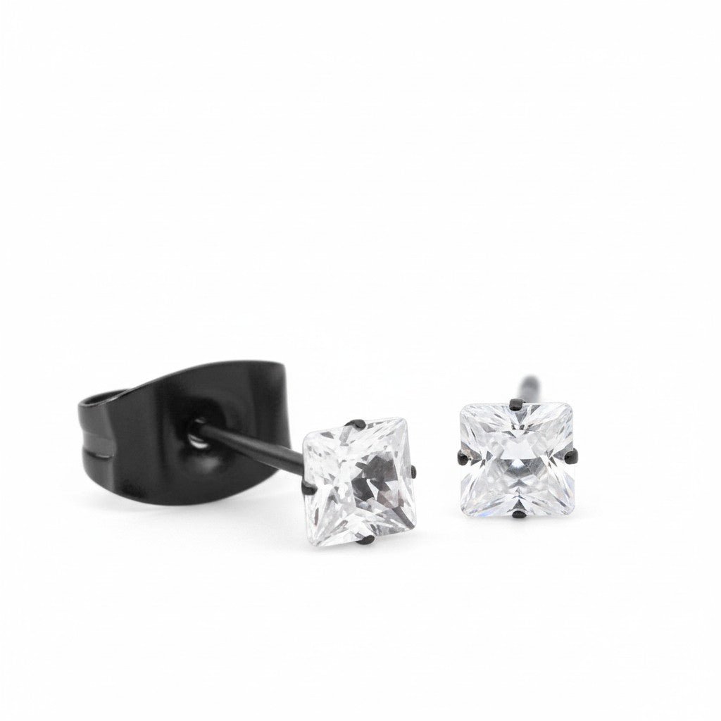 Oorbellen &acirc;&euro;&ldquo; RVS Zwartkleur met Vierkante Zirkonia (3mm) -