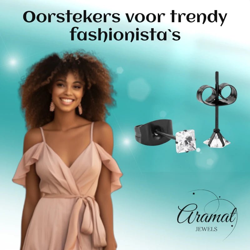 Oorbellen &acirc;&euro;&ldquo; RVS Zwartkleur met Vierkante Zirkonia (3mm) -