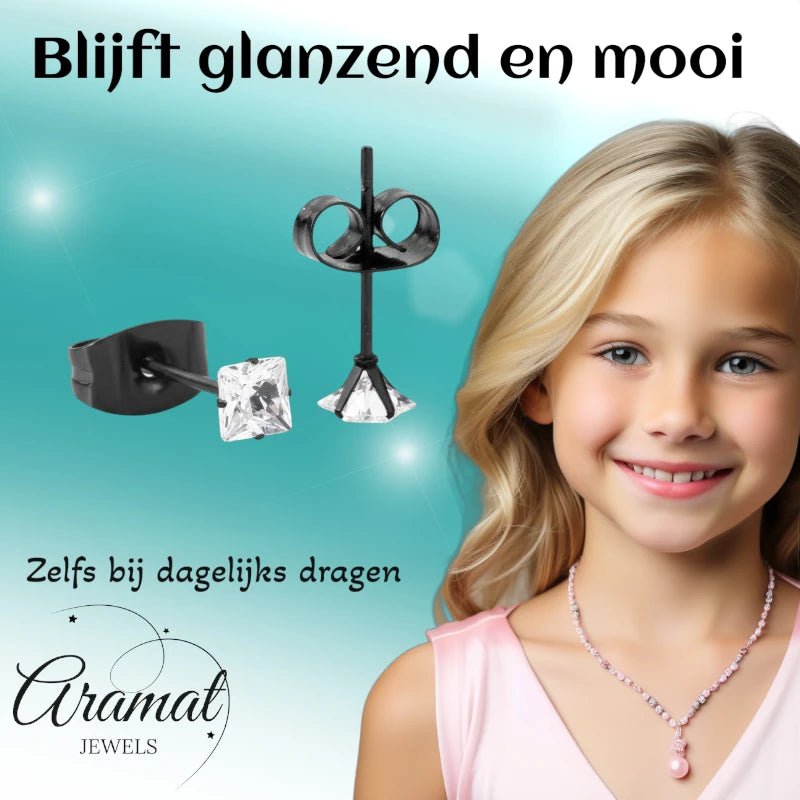 Oorbellen &acirc;&euro;&ldquo; RVS Zwartkleur met Vierkante Zirkonia (3mm) -