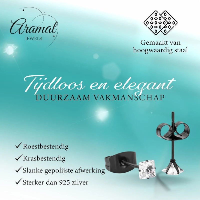 Oorbellen &acirc;&euro;&ldquo; RVS Zwartkleur met Vierkante Zirkonia (3mm) -
