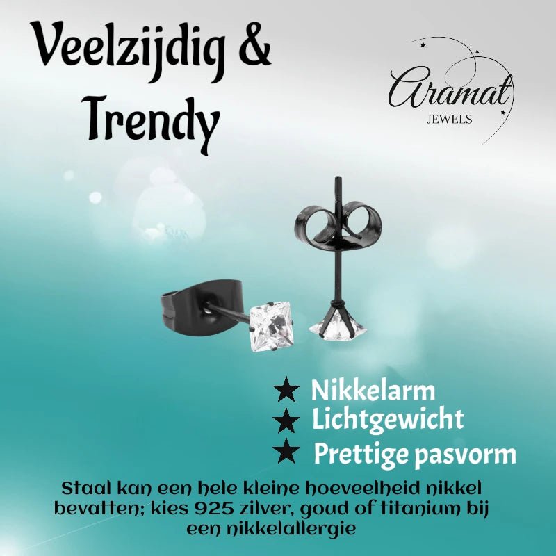 Oorbellen &acirc;&euro;&ldquo; RVS Zwartkleur met Vierkante Zirkonia (3mm) -