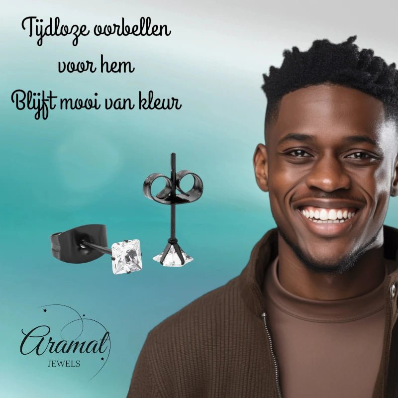 Oorbellen &acirc;&euro;&ldquo; RVS Zwartkleur met Vierkante Zirkonia (3mm) -