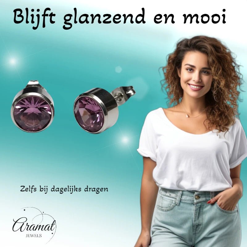 Oorstekers &acirc;&euro;&ldquo; Staal Kristal Licht Paars Zilverkleur (10mm) -
