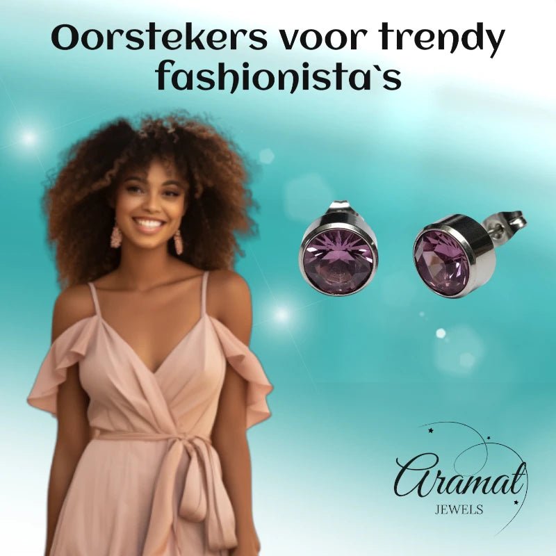 Oorstekers &acirc;&euro;&ldquo; Staal Kristal Licht Paars Zilverkleur (10mm) -