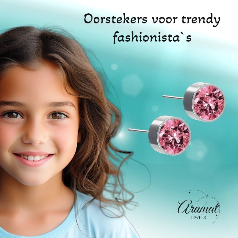 Oorstekers &acirc;&euro;&ldquo; Staal Kristal Roze Zilverkleur (6mm) -