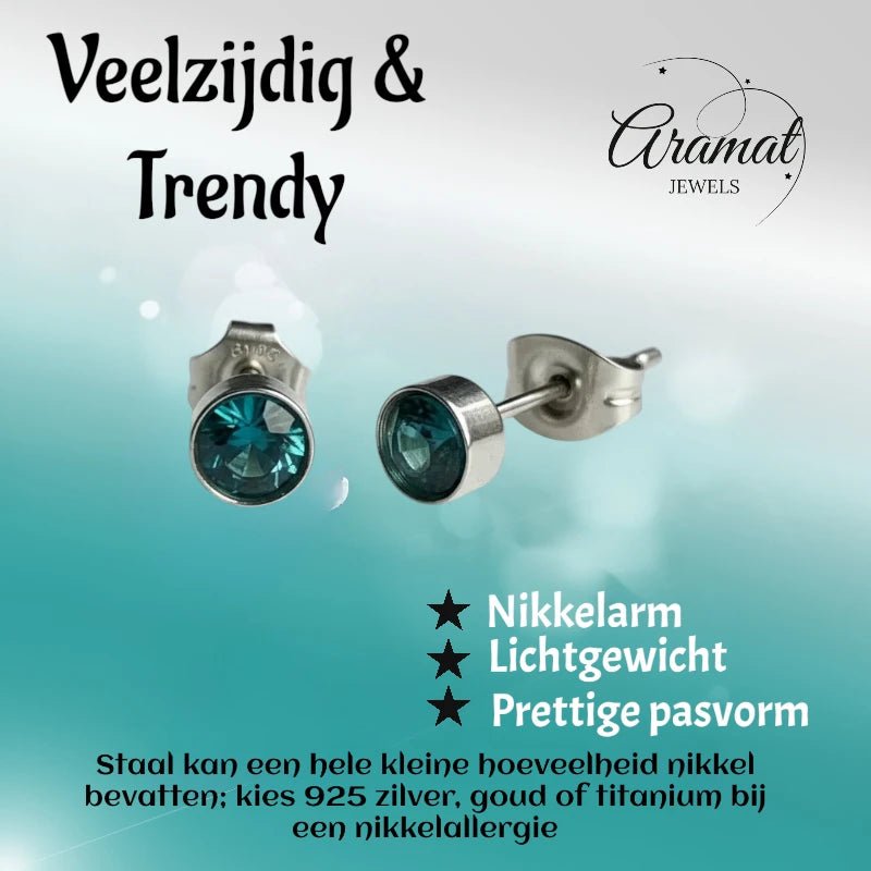 Oorstekers &acirc;&euro;&ldquo; Staal Kristal Zeeblauw Zilverkleur (5mm) -