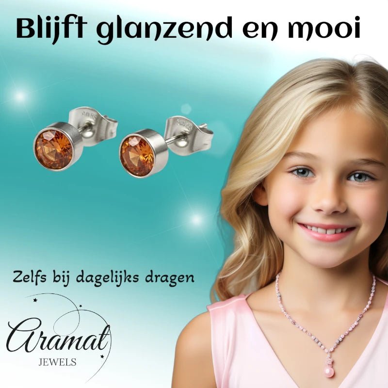 Oorstekers &acirc;&euro;&ldquo; Staal Kristal Oranje Zilverkleur (5mm) -