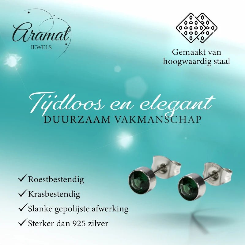 Oorstekers &acirc;&euro;&ldquo; Staal Kristal Donker Groen Zilverkleur (5mm) -