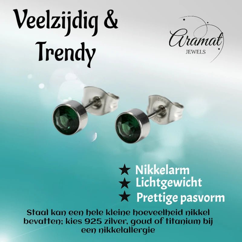 Oorstekers &acirc;&euro;&ldquo; Staal Kristal Donker Groen Zilverkleur (5mm) -
