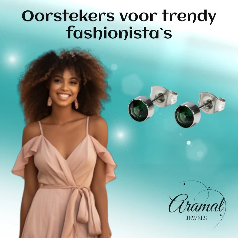 Oorstekers &acirc;&euro;&ldquo; Staal Kristal Donker Groen Zilverkleur (5mm) -