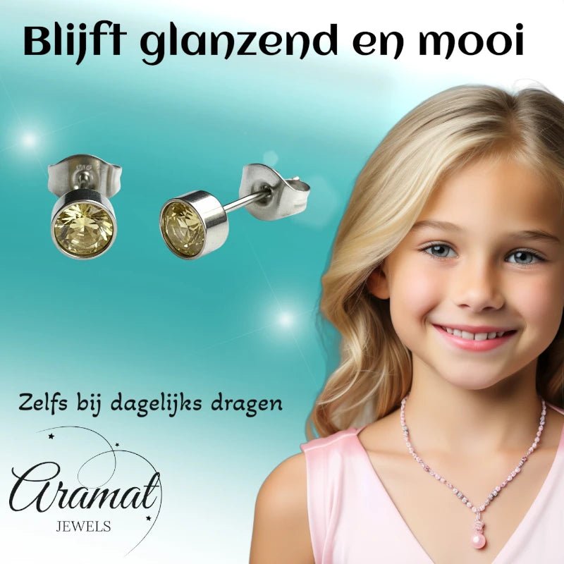 Oorstekers &acirc;&euro;&ldquo; Staal Kristal Geel Zilverkleur (5mm) -