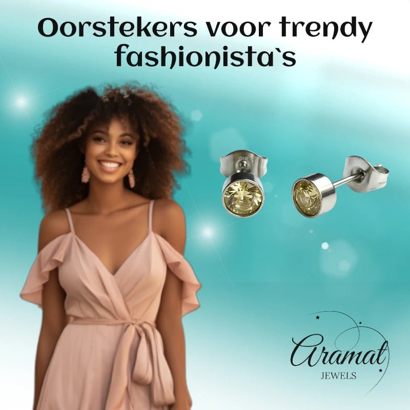 Oorstekers &acirc;&euro;&ldquo; Staal Kristal Geel Zilverkleur (5mm) -