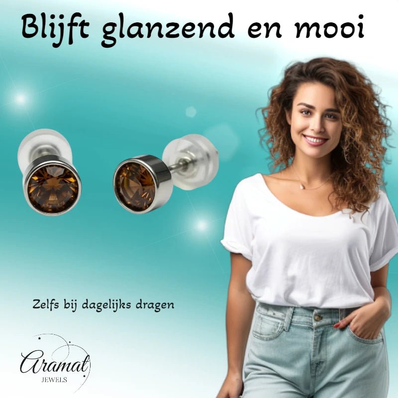 Oorstekers &acirc;&euro;&ldquo; Staal Kristal Bruin Zilverkleur (5mm) -