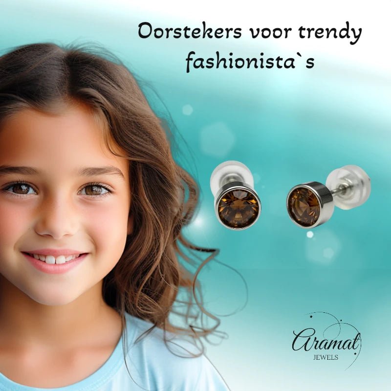 Oorstekers &acirc;&euro;&ldquo; Staal Kristal Bruin Zilverkleur (5mm) -