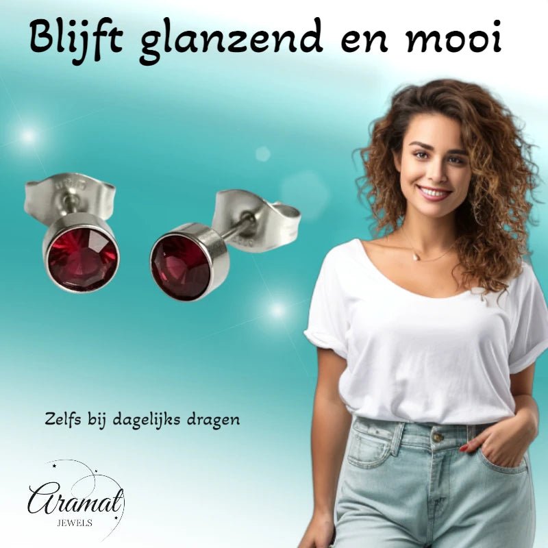 Oorstekers &acirc;&euro;&ldquo; Staal Kristal Rood Zilverkleur (5mm) -