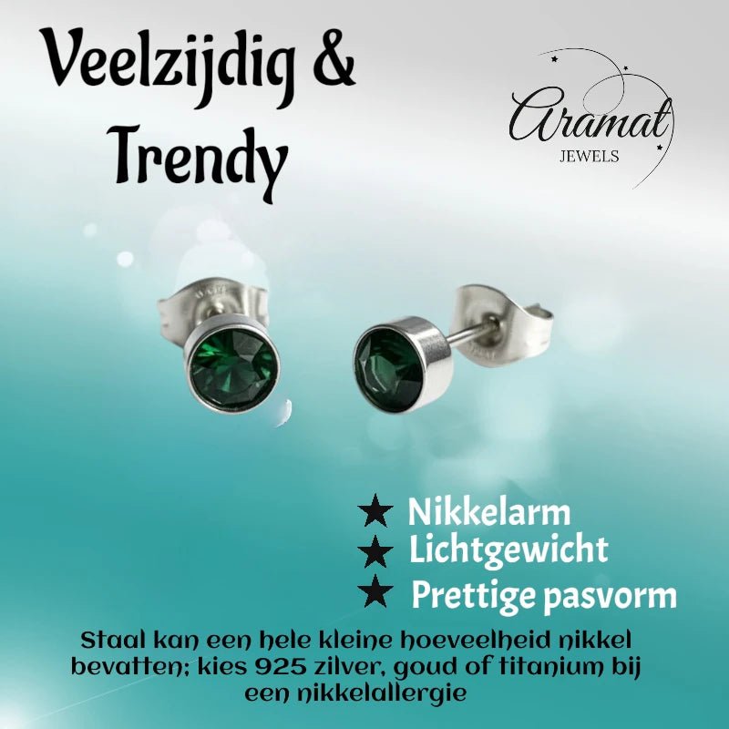 Oorstuds &acirc;&euro;&ldquo; Staal Kristal Groen Zilverkleur (5mm) -