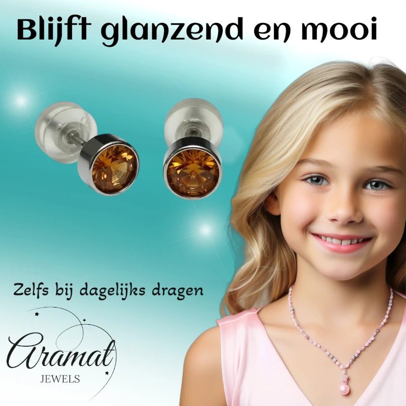 Oorstuds &acirc;&euro;&ldquo; Staal Kristal Topaas Bruin Zilverkleur (5mm) -